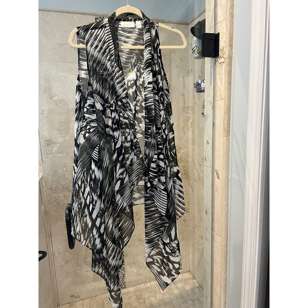 Chicos Womens 1 Black White Sheer Chiffon Open Vest Swim Cover Asymmetrical